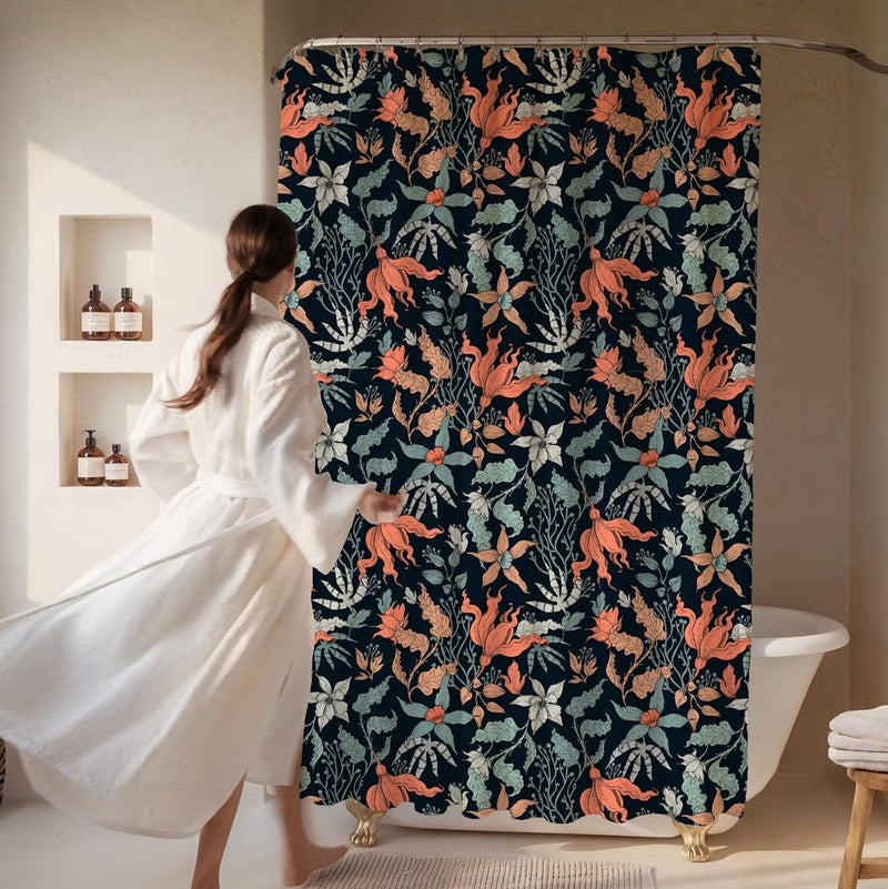 Worthwhile Goods Dark Coral Floral Print Shower Curtain - Moody Modern Black Flowers Pattern - Modern Home Decor - Vintage Botanical Style Cool Fabric Shower Curtain For Any Bathroom - 72x72 Inches (Dark Floral) - Image 2
